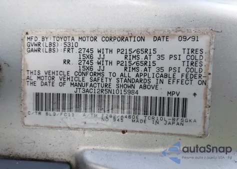 1992 Toyota Previa Le from USA, damaged, VIN JT3AC12R5N1015984